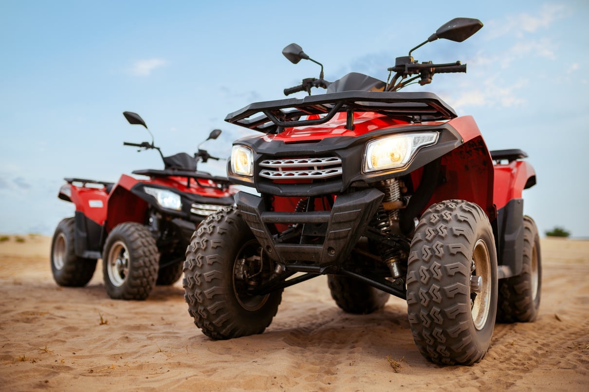 Two Atvs in Desert, Quadbikes Closeup, Nobody