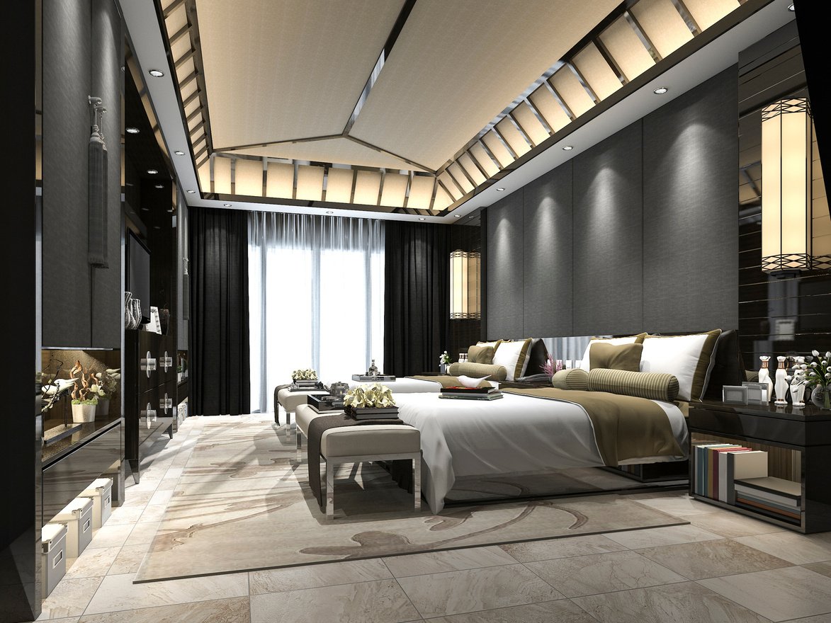 3d rendering luxury tropical bedroom suite in resort hotel